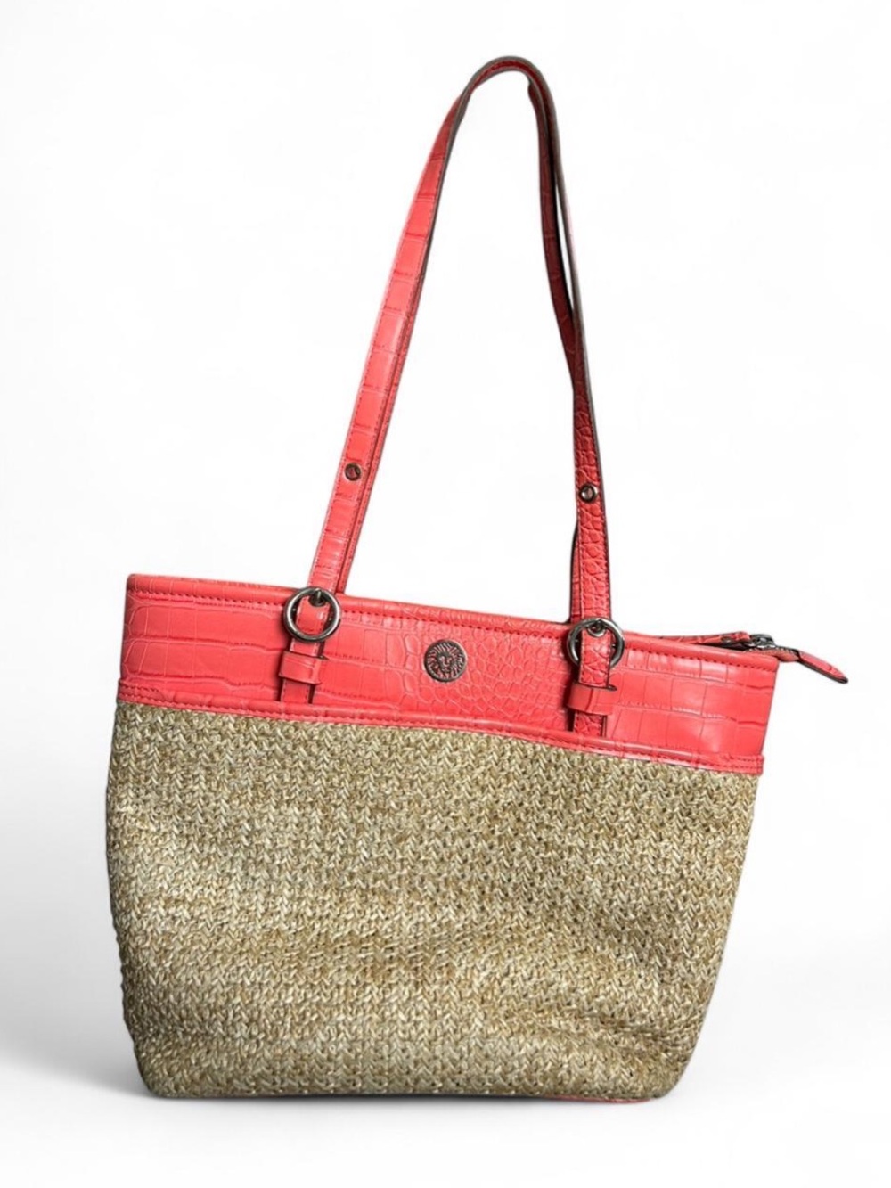 Anne Klein Straw Tote Bag with Coral Trim